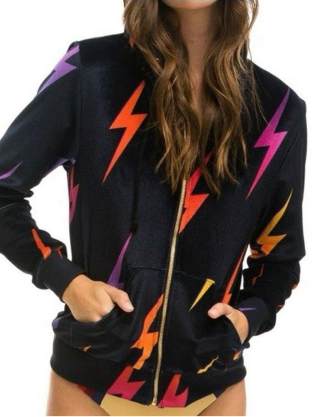 Aviator Nation Black Bomber Jacket with Orange, Pink & Purple Lightning Bolts